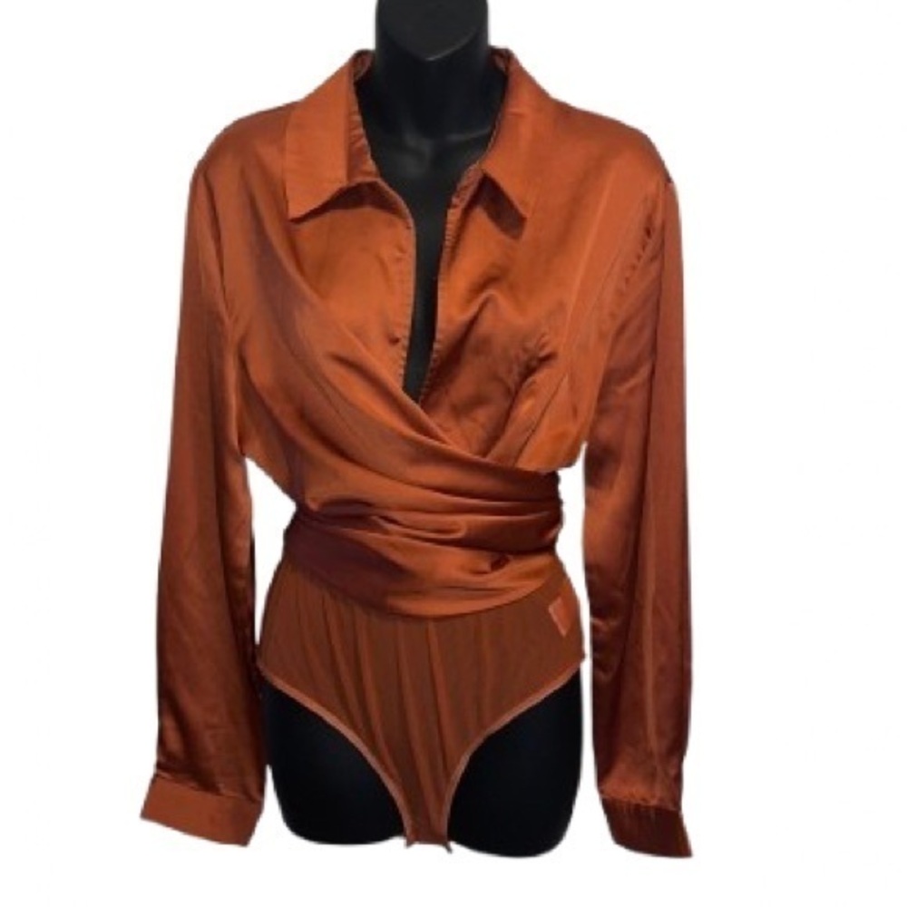Orange satin long sleeve wrap bodysuit NWOT size L